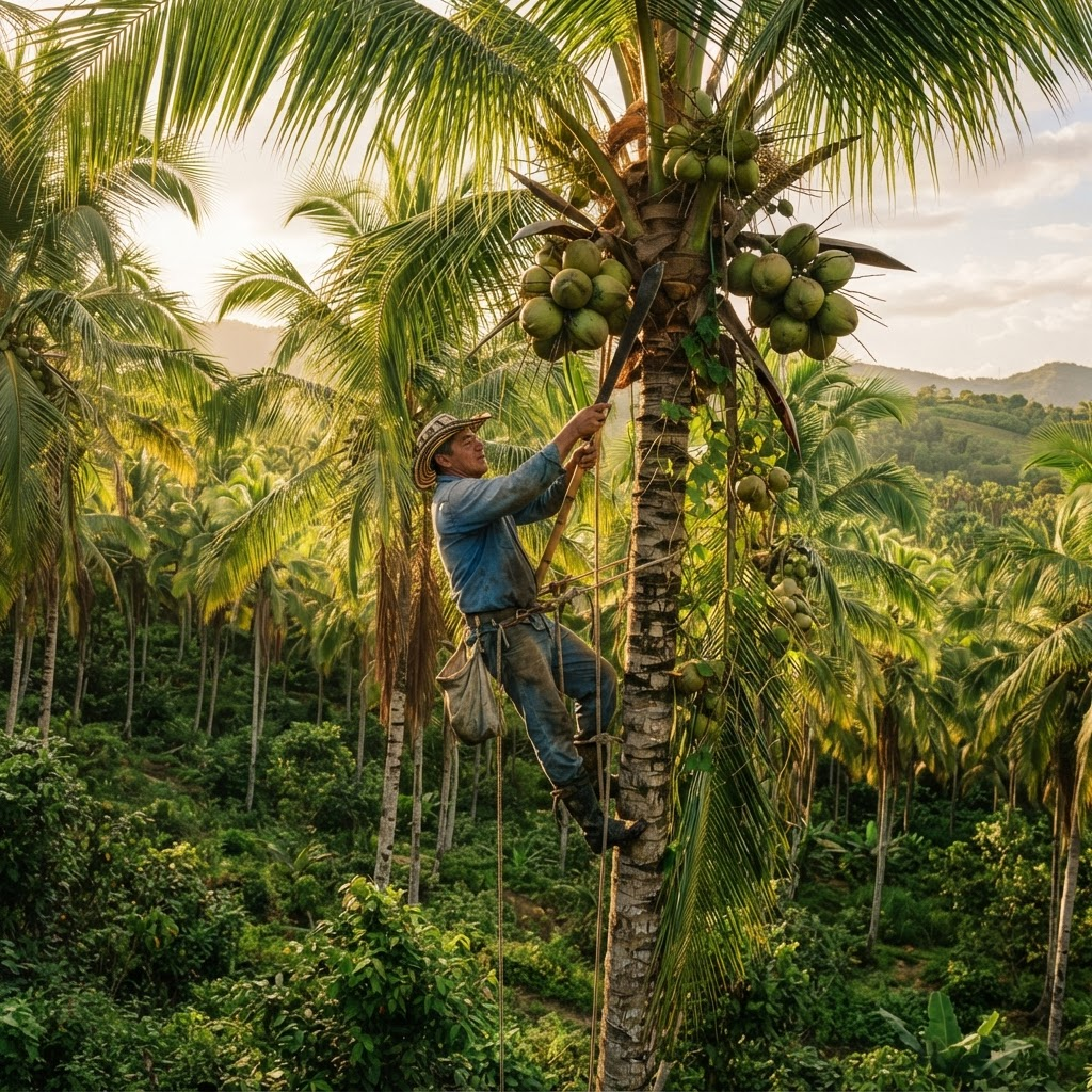 Harvesting fresh coconuts in a Colombian plantation