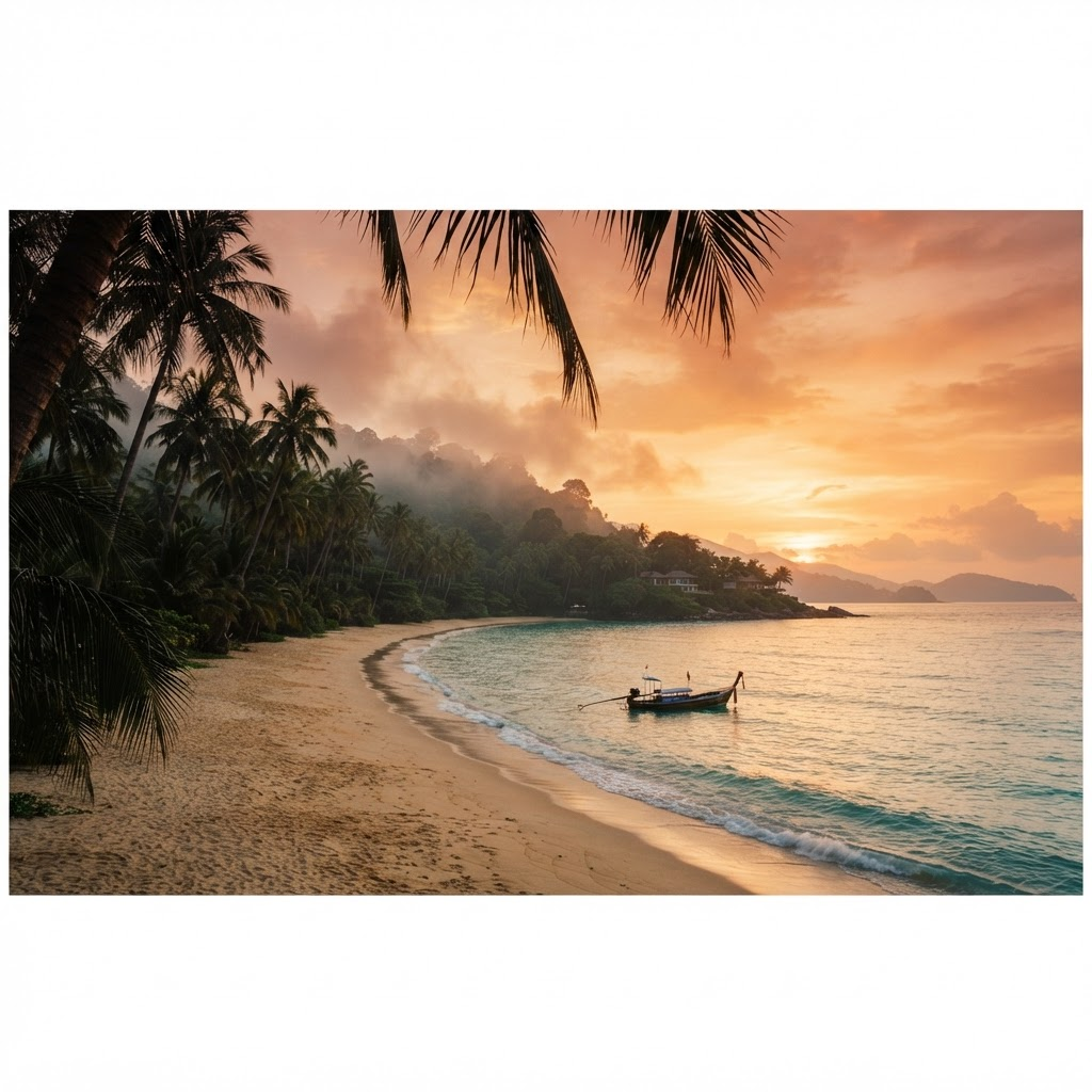 Tropical Colombian coastline with coconut palms at golden hour