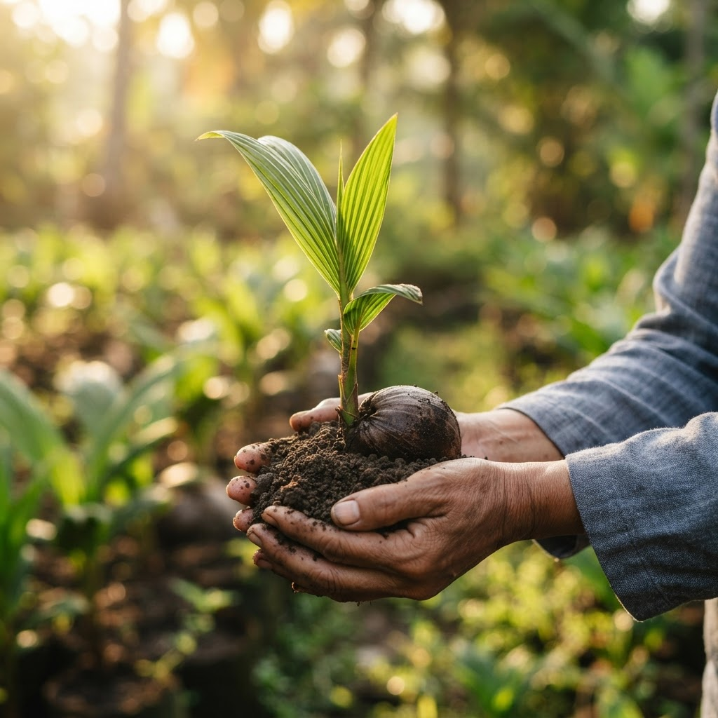 Hands holding a young coconut palm sprout in rich soil